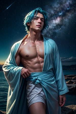 1boy, gorgeous, delicate, blue hair, wearing intricate light blue robe, barefoot, looking up into sky, standing in the middle of the ocean, beautiful aquamarine eyes, sky is galaxy and stars, shooting meteorites, longing, galaxy, nebula, milky way, dynamic pose, bright and vibrant night sky,, best quality, masterpiece, realistic, cinematic composition, (detailed background), depth of field, intricate details, 8k, detailed skin texture, detailed face, realistic eyes, male focus, photo of a man,