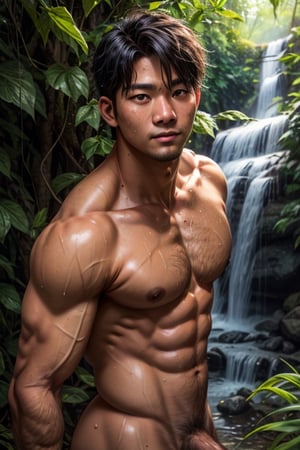 southeast asian man, in a tropical rainforest obscured by trees and plants, sweaty, nude, medium messy hair, looking at viewer, dynamic pose, face portrait, waterfall, vine, ivy, overgrown, penis,, best quality, masterpiece, realistic, cinematic composition, (detailed background), depth of field, intricate details, 8k, detailed skin texture, detailed face, realistic eyes, male focus, photo of a man