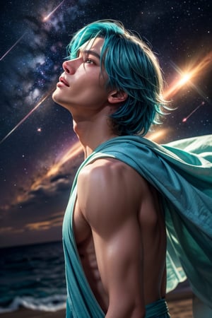 1boy, gorgeous, delicate, blue hair, wearing intricate light blue robe, barefoot, looking up into sky, standing in the middle of the ocean, beautiful aquamarine eyes, sky is galaxy and stars, shooting meteorites, longing, galaxy, nebula, milky way, dynamic pose, bright and vibrant night sky,, best quality, masterpiece, realistic, cinematic composition, (detailed background), depth of field, intricate details, 8k, detailed skin texture, detailed face, realistic eyes, male focus, photo of a man,