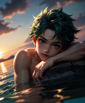 ((masterpiece)),((highestquality)),((8k)),((ultra-detailed)), 1boy, realistic, shiny body, posing, underwater, water surface, sunset, naked, cowboy shot, deku,1boy,solo,male focus,green hair,green eyes,short hair,freckles,my hero academia, show ass, laying_down 