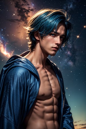 1boy, gorgeous, delicate, blue hair, wearing intricate light blue robe, barefoot, looking at viewer, standing in the middle of the ocean, beautiful aquamarine eyes, sky is galaxy and stars, shooting meteorites, longing, galaxy, nebula, milky way, dynamic pose, bright and vibrant night sky,, best quality, masterpiece, realistic, cinematic composition, (detailed background), depth of field, intricate details, 8k, detailed skin texture, detailed face, realistic eyes, male focus, photo of a man, upper body shot, shirtless, 