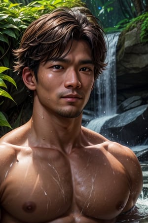 southeast asian man, in a tropical rainforest obscured by trees and plants, sweaty, nude, medium messy hair, looking at viewer, dynamic pose, face portrait, waterfall, vine, ivy, overgrown, penis,, best quality, masterpiece, realistic, cinematic composition, (detailed background), depth of field, intricate details, 8k, detailed skin texture, detailed face, realistic eyes, male focus, photo of a man