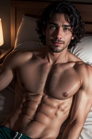 BrunoMadrigal,  1guy,  shirtless,  green eyes,  open sport shorts, big bulge, smirk,  laying_down,  bed, masterpiece,  highres,  sharp focus,  cinematic lighting,  detailed face,  detailed eyes, realistic, intricate details, detailed background, depth of field, glowing eyes