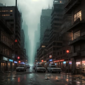 a post apocalyptic  Dark Dystopian city street view 