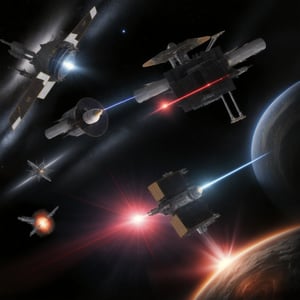 multiple futuristic spacecraft in futuristic space battle with each other firing laser weapons and energy weapons with a black hole in the background 