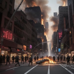 a future post apocalyptic  New York City street view with the gangs running around killing and steeling dead bodies laying in the streets some dead bodies hanging from street light poles  with buildings on fire  no electricity no cops