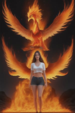 photo realistic a hot girl standing in front of a phoenix firebird coming out of fire and lava