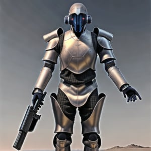 photorealistic human male standing in a sci-fi body armor holding futuristic weapons