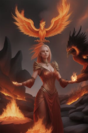 photo realistic a hot female sorceress casting a spell with her hands having a firey glow while standing in front of a phoenix firebird coming out of fire and lava