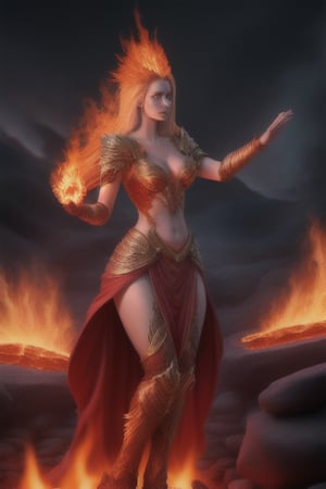 photo realistic a hot female sorceress casting a spell with her hands having a firey glow while standing in front of a phoenix firebird coming out of fire and lava