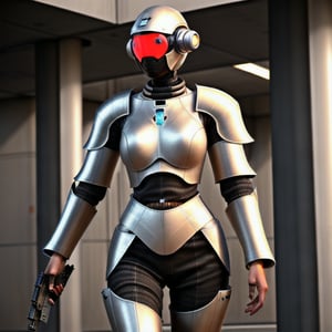 photorealistic hot human female standing in a sci-fi body armor holding futuristic weapons