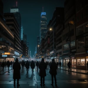 a Dark Dystopian city street view of the people 