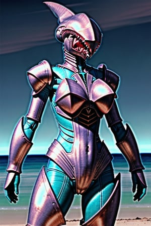 shark like female alien wearing scifi battle armor