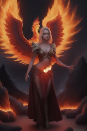 photo realistic a hot female sorceress casting a spell with her hands having a firey glow while standing in front of a phoenix firebird coming out of fire and lava