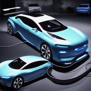 a super aerodynamic  electric family car with color lights all over it  with a long and sleek car body 