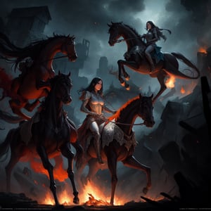 four horsemen of the apocalypse riding skeleton horses, 4k, photo realistic, fire, death, end of the world"a masterpiece, 8k resolution, dark fantasy concept art, by Greg Rutkowski, dynamic lighting, hyperdetailed, intricately detailed, Splash screen art, trending on Artstation, deep color, Unreal Engine, volumetric lighting, Alphonse Mucha, Jordan Grimmer, purple and yellow complementary colours"