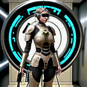 photorealistic human female standing in a sci-fi body armor holding futuristic weapons preparing for battle