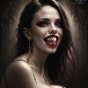 photorealistic,fantasy art, sexy hot vampire showing vampire teeth