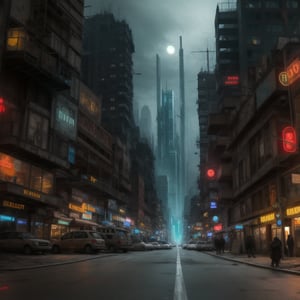 a future post apocalyptic  Dark Dystopian city street view 