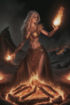 photo realistic a hot female sorceress casting a spell with her hands having a firey glow while standing in fire in front of a phoenix firebird coming out of fire and lava