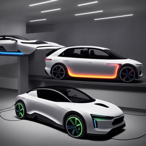 a super aerodynamic  electric family car with color lights all over it  with a long and sleek car body with the wheels are round balls