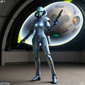 photorealistic alien female standing in a sci-fi body armor holding futuristic weapons