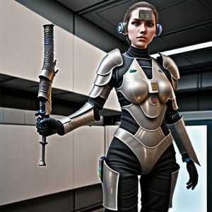 photorealistic human female standing in a sci-fi body armor holding futuristic weapons