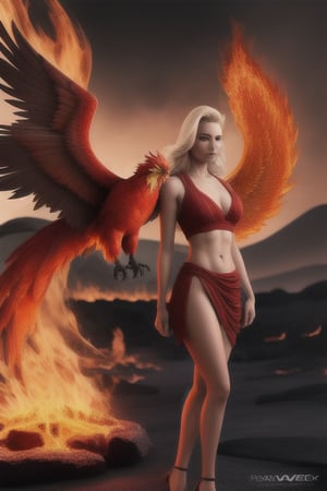 photo realistic a hot female standing in front of a phoenix firebird coming out of fire and lava