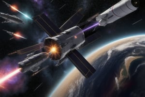 multiple futuristic spacecraft in futuristic space battle with each other while being in high earth orbit firing laser weapons and energy weapons 