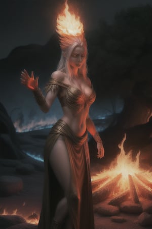 photo realistic a hot female sorceress casting a spell with her hands having a firey glow while standing in fire in front of a phoenix firebird coming out of fire and lava