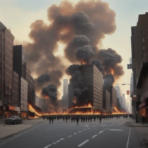 a future post nuclear apocalypse  New York City street view with all the buildings on fire burning bodies laying in the street and on the sidewalks  everyone is dead