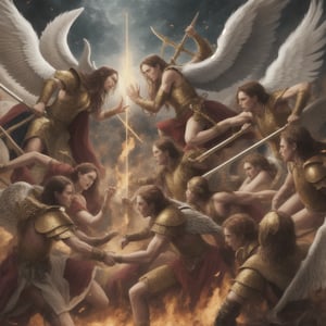 Photorealistic  scene of angels and Demons in battle with each other on earth