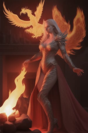 photo realistic a hot female sorceress casting a spell with her hands having a firey glow while standing in front of a phoenix firebird coming out of fire and lava