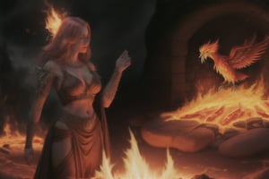 photo realistic a hot female sorceress casting a spell with her hands having a firey glow while standing in fire in front of a phoenix firebird coming out of fire and lava