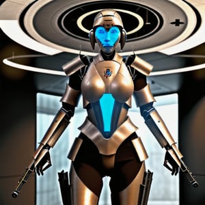 photorealistic human female standing in a sci-fi body armor holding futuristic weapons preparing for battle