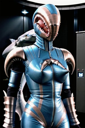 shark like female alien wearing scifi body armor