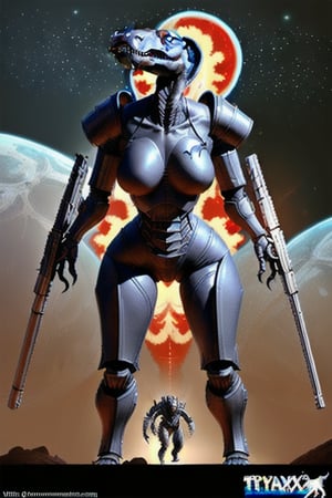 Tyrannosaurus rex like hot female alien wearing scifi battle armor carrying scifi weapons