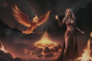 photo realistic a hot female sorceress casting a spell with her hands having a firey glow while standing in fire in front of a phoenix firebird coming out of fire and lava