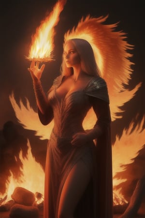 photo realistic a hot female sorceress casting a spell with her hands having a firey glow while standing in fire in front of a phoenix firebird coming out of fire and lava