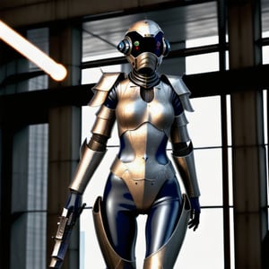 photorealistic human female standing in a sci-fi body armor holding futuristic weapons preparing for battle