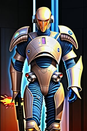 eagle like hot male alien wearing scifi battle armor carrying scifi weapons