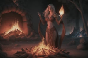 photo realistic a hot female sorceress casting a spell with her hands having a firey glow while standing in fire in front of a phoenix firebird coming out of fire and lava