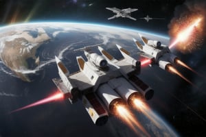 two futuristic spacecraft in battle with each other while being in high earth orbit firing laser weapons and energy weapons 