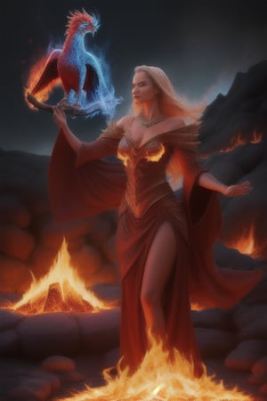 photo realistic a hot female sorceress casting a spell with her hands having a firey glow while standing in front of a phoenix firebird coming out of fire and lava