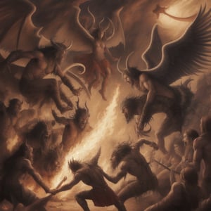 Photorealistic  scene of demons and angels in fighting for the souls of man on earth