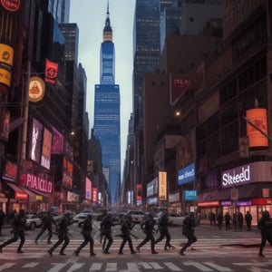 a future post apocalyptic  New York City street view with the gangs running around killing and steeling dead bodies laying in the streets some dead bodies hanging from street light poles 