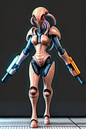 squid like female alien wearing scifi battle armor carrying scifi weapons