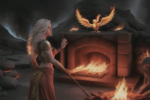 photo realistic a hot female sorceress casting a spell with her hands having a firey glow while standing in fire in front of a phoenix firebird coming out of fire and lava