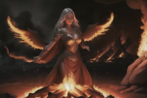 photo realistic a hot female sorceress casting a spell with her hands having a firey glow while standing in fire in front of a phoenix firebird coming out of fire and lava