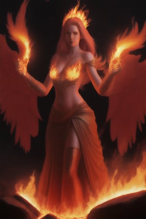 photo realistic a hot female sorceress casting a spell with her hands having a firey glow while standing in fire in front of a phoenix firebird coming out of fire and lava